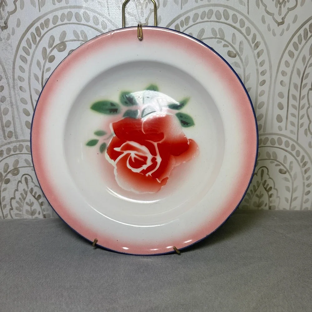 Vintage Enamel Plate‎ Red Rose Floral Rim Display Plate